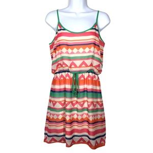 City Triangles | Strappy Neon Geometric Stripe Blouson Dress